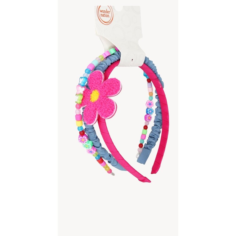 Wonder Nation 3-Piece Girls Headbands – Pink Flower & Beaded Designs
